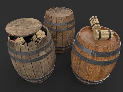 Dynamite Weapons Stored in Vintage Wooden Barrels with Metal Bands 3d model
