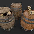 Dynamite Weapons Stored in Vintage Wooden Barrels with Metal Bands