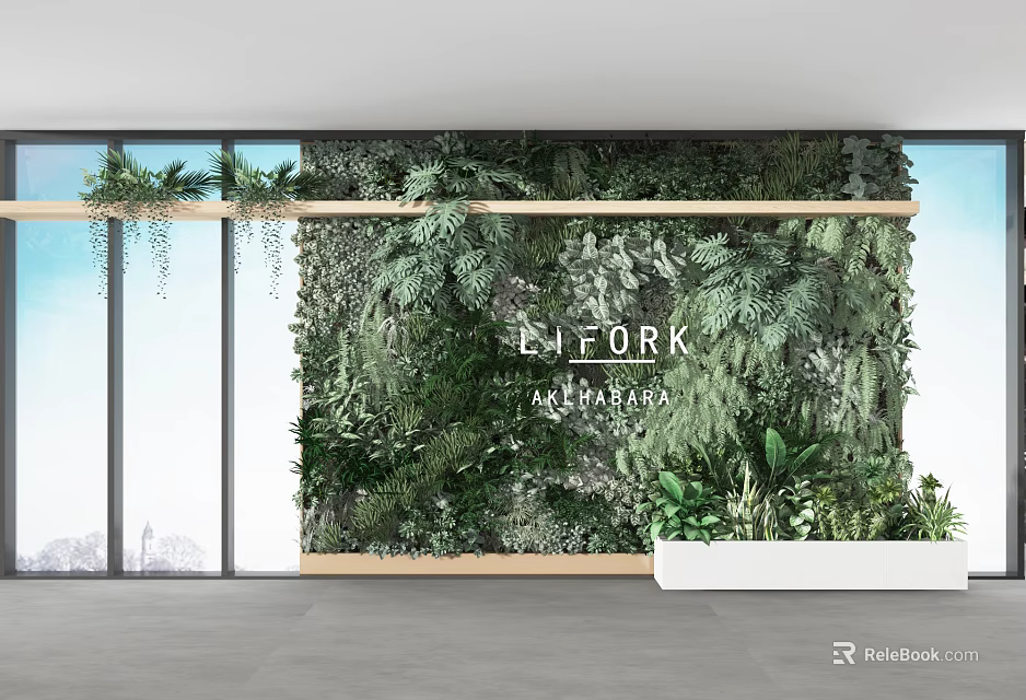 Lush Indoor Living Plant Wall With Wooden Frame And Various Green Plants 3d model 