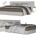 Double Bed with Upholstered Headboard Pillows Brown White Bedspread and Nightstand Small Decor