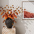 Decorative Ornament Set With Black Vase Dried Plants And Golden Framed Painting On Marble Stand