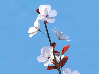 Blooming White Flowers With Red Leaves Against Bright Blue Sky 3d model