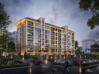 Modern Mid Rise Residential Building With Evening Landscaping Fountains And Pedestrians 3d model