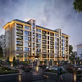 Modern Mid Rise Residential Building With Evening Landscaping Fountains And Pedestrians