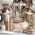 Chic Decorative Ornament Collection With Pearl Necklace Copper Lamp Lipstick Mirror And Dried Blooms