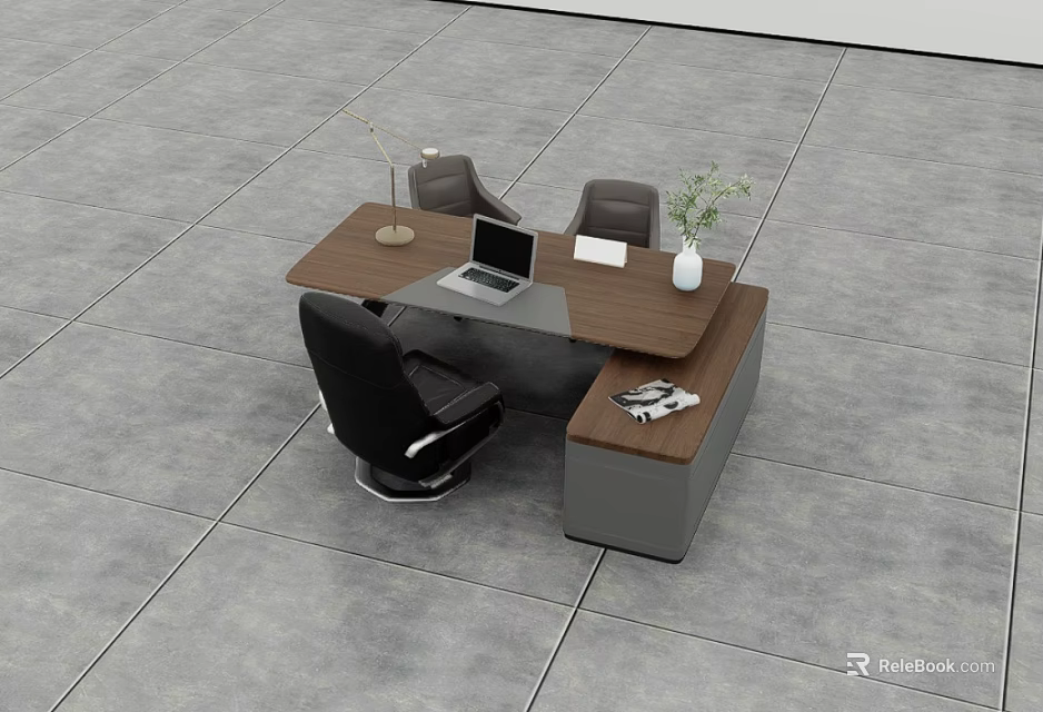 Modern Office Wooden Desk And Chair Set With Laptop Lamp Potted Plant 3d model 