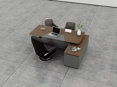 Modern Office Wooden Desk And Chair Set With Laptop Lamp Potted Plant 3d model
