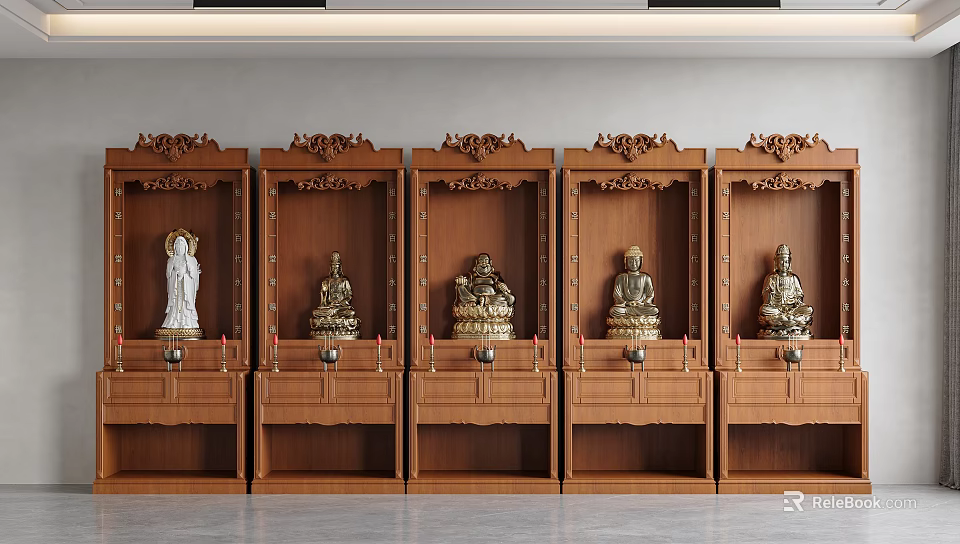 Traditional Wooden Buddha Niche Cabinets With Carvings And Buddha Statues 3d model 