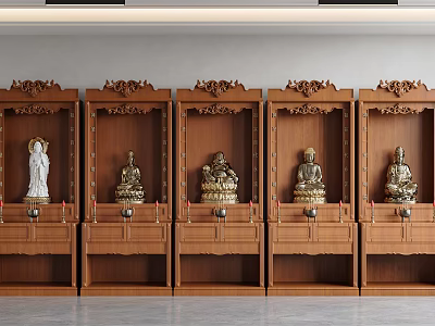 Traditional Wooden Buddha Niche Cabinets With Carvings And Buddha Statues 3d model