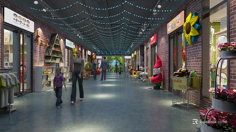 Shopping Mall Interior With Retail Stores Colorful Decorations And Customers Walking 3d model 