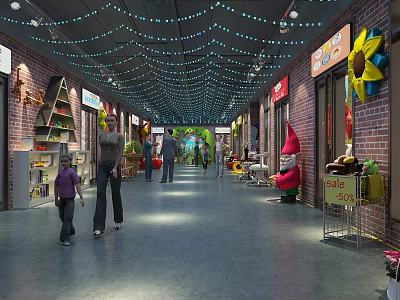 Shopping Mall Interior With Retail Stores Colorful Decorations And Customers Walking 3d model
