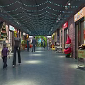 Shopping Mall Interior With Retail Stores Colorful Decorations And Customers Walking