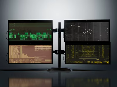 Professional Electronic Monitor Setup On Dual Stand With Multiple Screens Displaying Data Charts 3d model