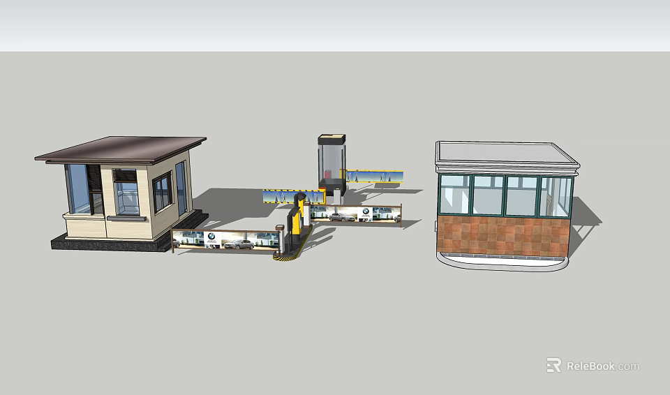 Security Checkpoint Kiosks With Turnstile Lane And Brick Wall Structures Design 3d model