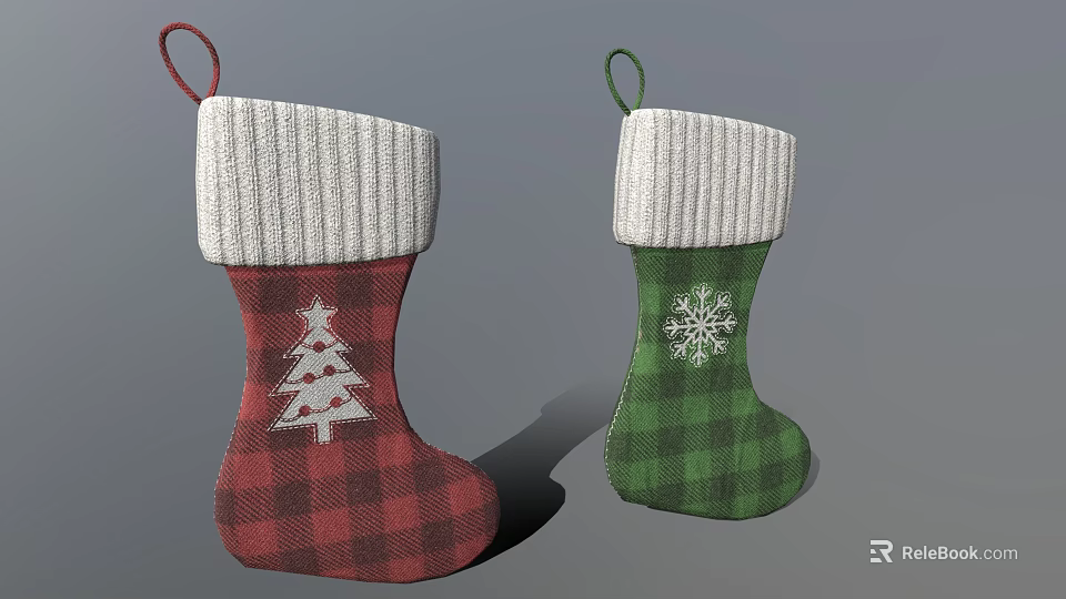 Red And Green Plaid Christmas Stockings With Knitted Cuff And Tree Snowflake Patterns 3d model 