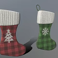 Red And Green Plaid Christmas Stockings With Knitted Cuff And Tree Snowflake Patterns