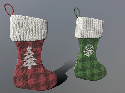 Red And Green Plaid Christmas Stockings With Knitted Cuff And Tree Snowflake Patterns 3d model