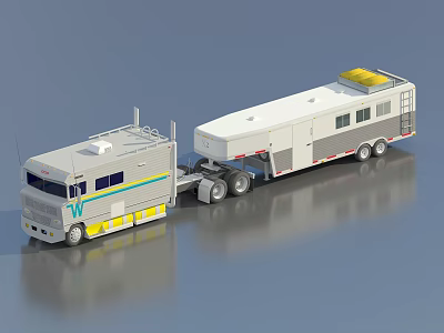 Gray Truck With Blue Yellow Stripes Towing White Trailer With Yellow Top 3d model