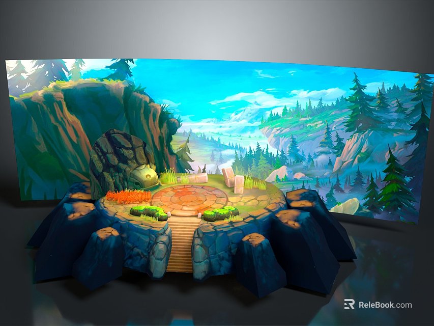 Scenic Landscape Featuring Circular Platform Wooden Path Rock Formations Lush Forests And Clear Blue Sky 3d model 