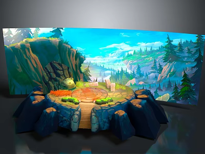 Scenic Landscape Featuring Circular Platform Wooden Path Rock Formations Lush Forests And Clear Blue Sky 3d model