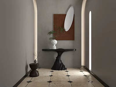 Black Curved Console Table With White Vase Green Plant And Oval Mirror In Entryway 3d model