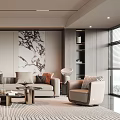 Elegant Modern Living Room Interior With Sofa Pillows Coffee Tables Rug And Wall Artwork