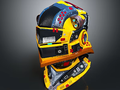 Futuristic Mechanical Helmet Weapon With Yellow Blue Black Red Buttons Dials Gears 3d model