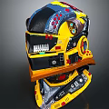 Futuristic Mechanical Helmet Weapon With Yellow Blue Black Red Buttons Dials Gears
