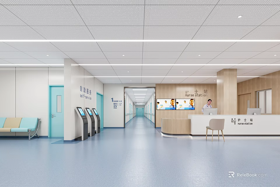 Spacious Bright Hospital Outpatient Clinic With Corridor Reception Desk Self Service Kiosks And Seating 3d model 