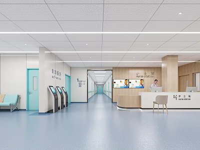 Spacious Bright Hospital Outpatient Clinic With Corridor Reception Desk Self Service Kiosks And Seating 3d model