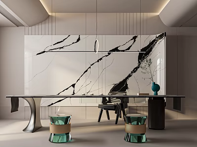 Modern Tea Room Interior Design With Marble Backdrop Long Table And Green Glass Chairs 3d model