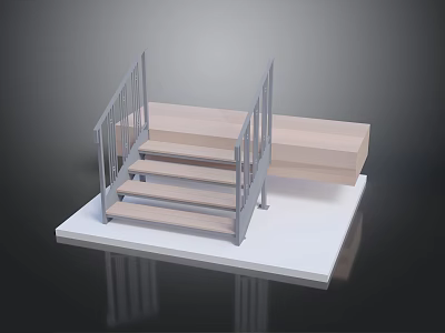 Modern Wooden Stairs With Metal Railings And Platform Step Design 3d model
