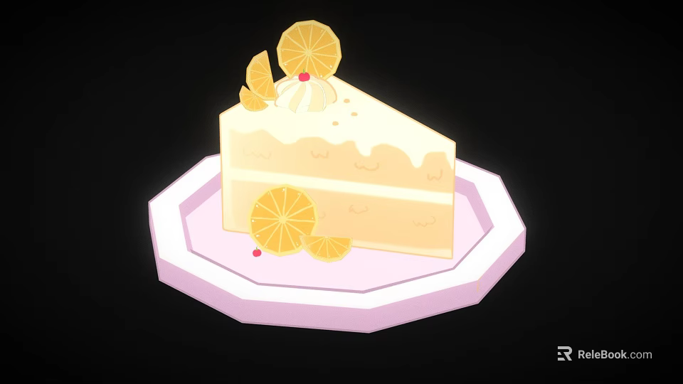 Delicious Lemon Cake Slice With Whipped Cream And Lemon Slices On Pink Plate 3d model 