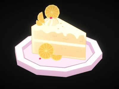 Delicious Lemon Cake Slice With Whipped Cream And Lemon Slices On Pink Plate 3d model