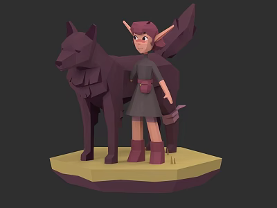 Game and Movie Character Pointed Ear Girl With Wolf Companion in Low Poly 3D Design 3d model