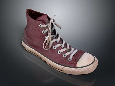 Burgundy High Top Leather Casual Shoes With Gray Laces Beige Sole And Worn Details 3d model
