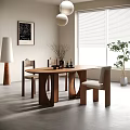 Wooden Dining Table Set With Backrest Chairs Floor Lamp Artwork And Potted Plant