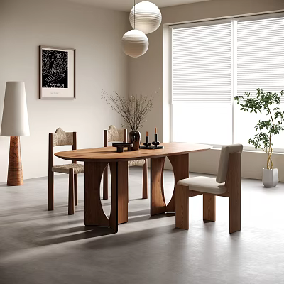 Wooden Dining Table Set With Backrest Chairs Floor Lamp Artwork And Potted Plant 3d model