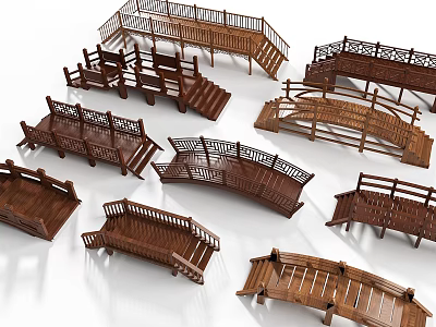 Wooden Landscape Bridges In Various Styles With Decorative Designs For Outdoor Gardens 3d model