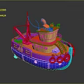 Vibrant 3D Model Boat With Mast Deck And Life Rings On Dark Background