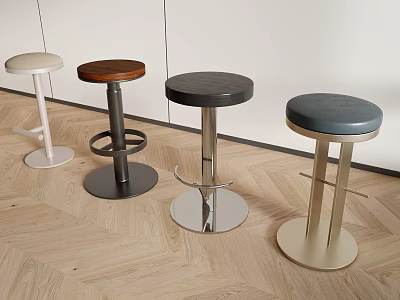Modern Bar Stools With Various Colors And Metal Bases In Kitchen With Wooden Floor 3d model