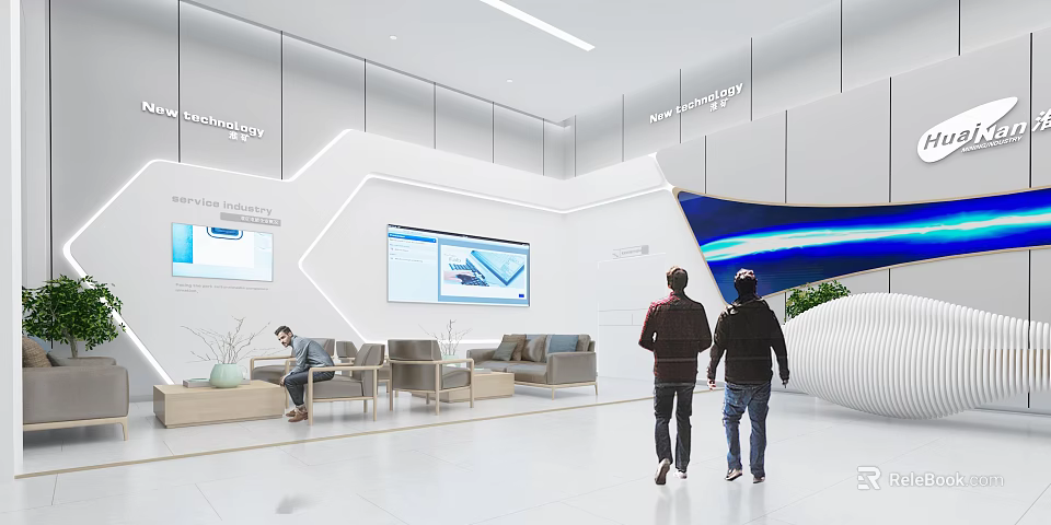Modern Exhibition Hall Interior With Walking Visitors Digital Screens Lounge Area And Green Plants 3d model 