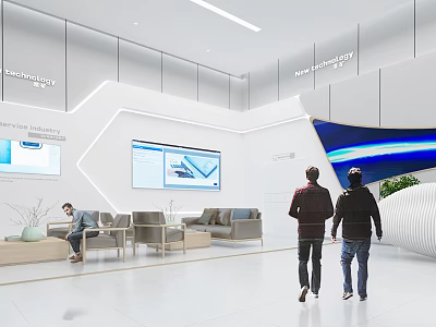 Modern Exhibition Hall Interior With Walking Visitors Digital Screens Lounge Area And Green Plants 3d model
