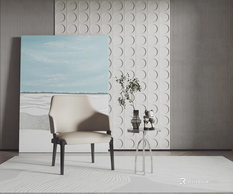 Beige Leisure Chair With Black Legs Near Textured Wall And Seascape Painting 3d model 