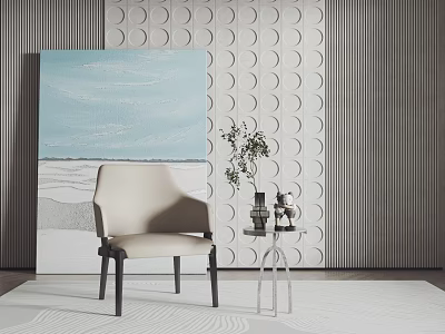 Beige Leisure Chair With Black Legs Near Textured Wall And Seascape Painting 3d model