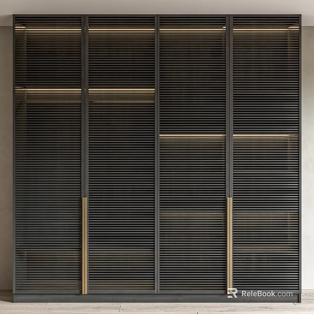 Modern Slatted Wardrobe Design With Brass Accents And Dark Matte Finish 3d model 