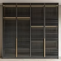 Modern Slatted Wardrobe Design With Brass Accents And Dark Matte Finish