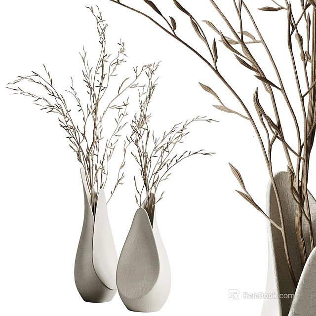 Minimalist White Ceramic Vases With Dried Plants And Decorative Branches 3d model 