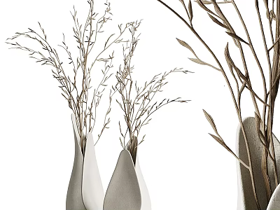 Minimalist White Ceramic Vases With Dried Plants And Decorative Branches 3d model