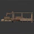 Wooden Platform With Canvas Awning Clay Pots And Crates On Stone Ground